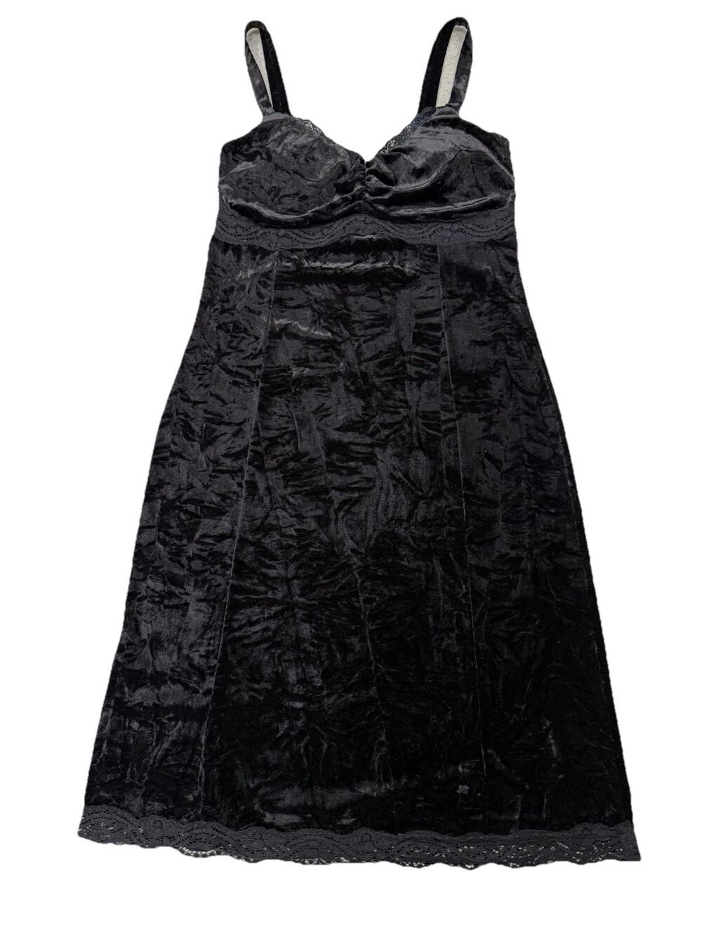 Y2K Crushed Velvet Bodycon Mini Dress Black Lace Trim Sz 2 Slip Dress 90’s Goth